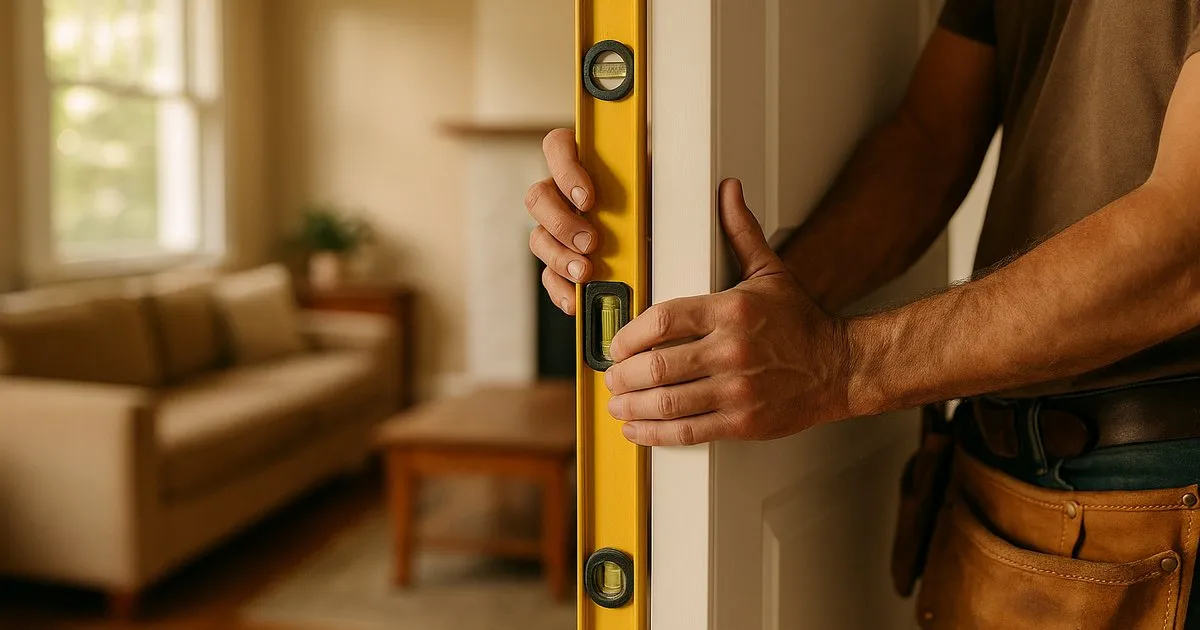 A carpenter checking an interior door with a level during a home repair