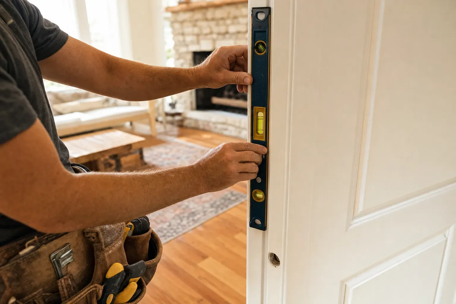 A carpenter holding a level against a freshly hung interior door in a bright Upstate home