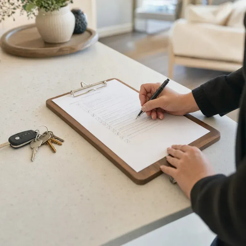 A pre-closing repair checklist on a clipboard in a staged Upstate kitchen