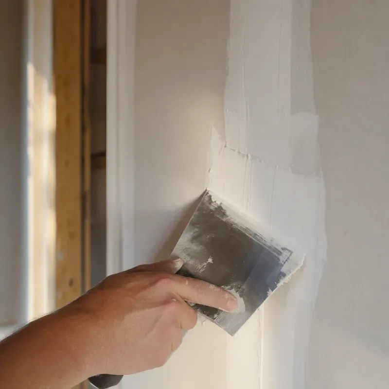 A taping knife smoothing a fresh drywall patch in a warm, naturally lit room