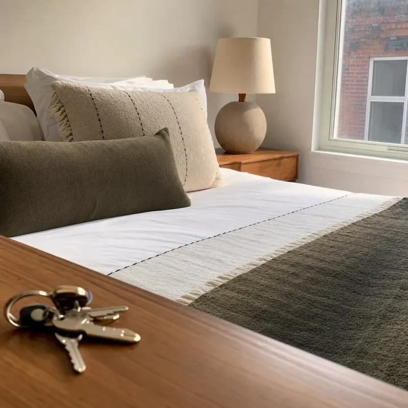 A tidy, move-in-ready rental bedroom turned for a property manager